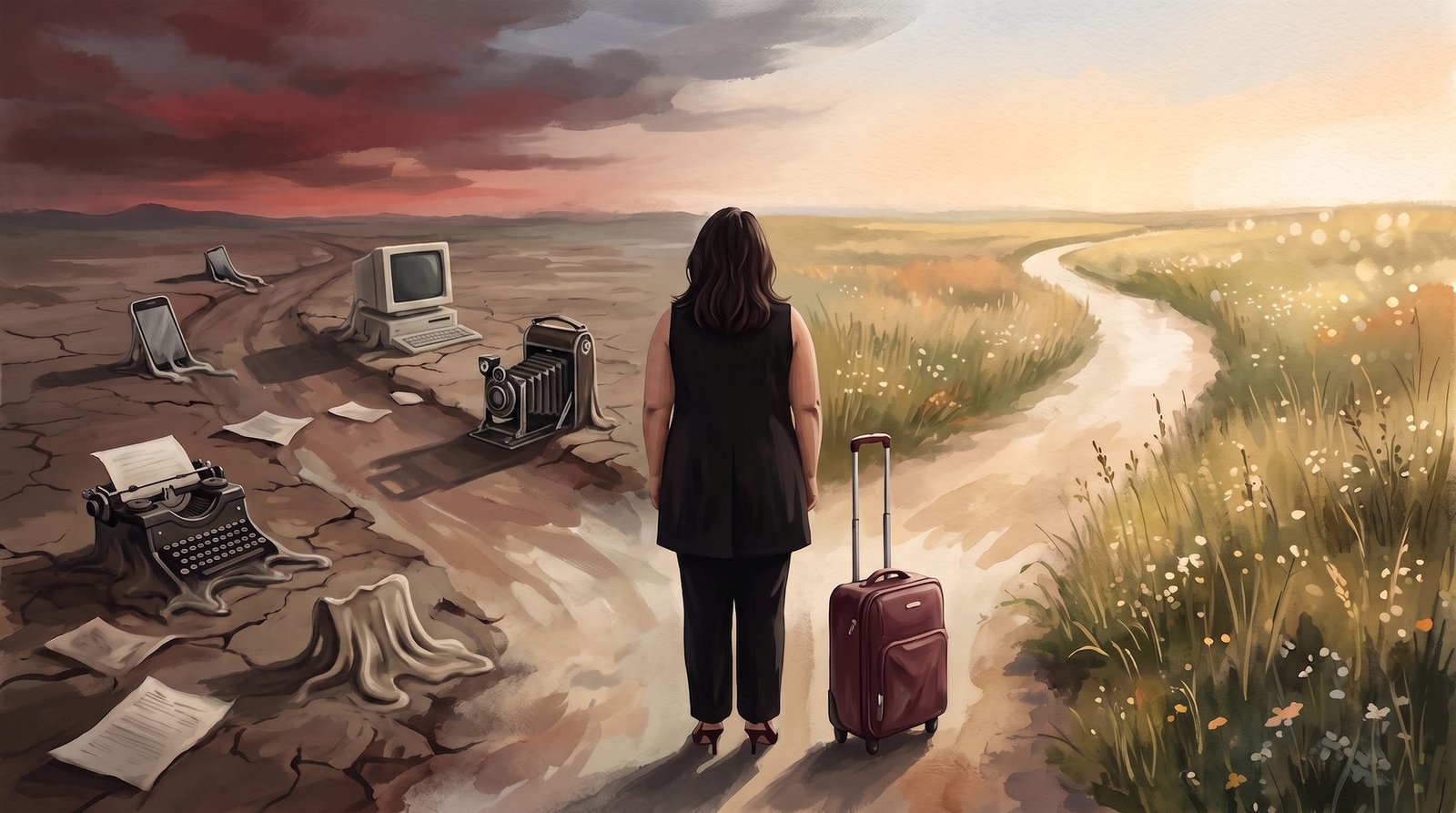Una mujer de espaldas ante un camino que se bifurca: a la izquierda una llanura agrietada con objetos derritiéndose, a la derecha un campo iluminado.